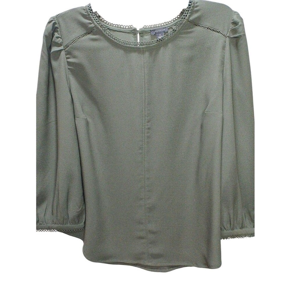 Ann Taylor Blouse M Olive Green Crochet Trim Puff Sleeve Career Work Top